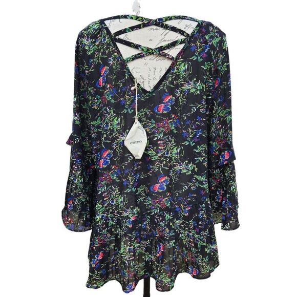 ENTRO -611 by Anthropologie floral pleated blouse crisscross back SMALL Style #T - Picture 2 of 8